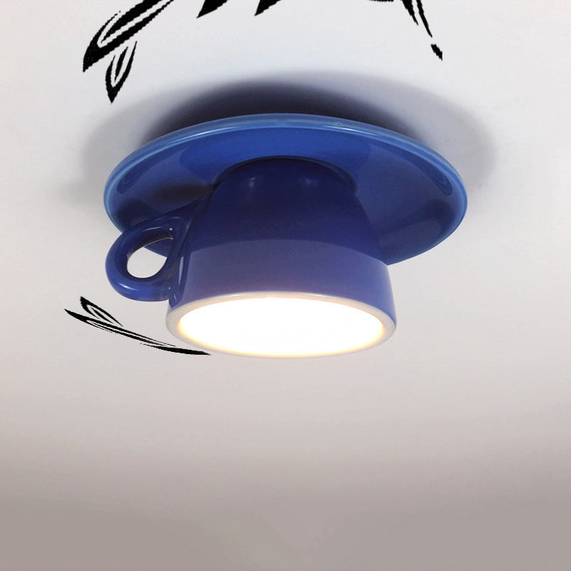 Coffee Cup Ceramics Flush Ceiling Lighting Macaron 1 Light Pink/Blue/Yellow Finish LED Flush Mounted Lamp Clearhalo 'Ceiling Lights' 'Close To Ceiling Lights' 'Close to ceiling' 'Flush mount' Lighting' 735809