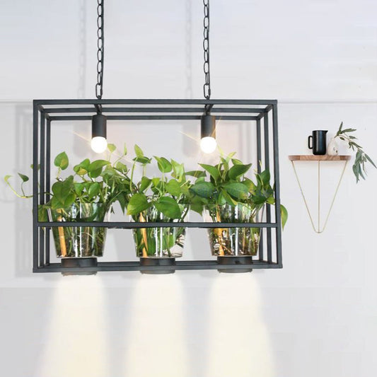Rectangular Cage Iron Island Lamp Industrial 3 Heads Restaurant Suspension Light with Clear Glass Plant Pot Black Clearhalo 'Ceiling Lights' 'Island Lights' Lighting' 735836