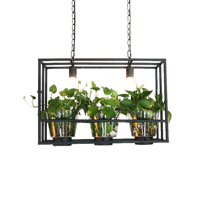 Rectangular Cage Iron Island Lamp Industrial 3 Heads Restaurant Suspension Light with Clear Glass Plant Pot Clearhalo 'Ceiling Lights' 'Island Lights' Lighting' 735838