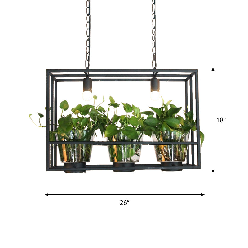 Rectangular Cage Iron Island Lamp Industrial 3 Heads Restaurant Suspension Light with Clear Glass Plant Pot Clearhalo 'Ceiling Lights' 'Island Lights' Lighting' 735839