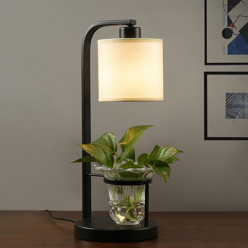 Fabric Black/White Night Light Cylindrical 1 Light Industrial Nightstand Lamp with Clear Glass Plant Container Black Clearhalo 'Lamps' 'Table Lamps' Lighting' 735840