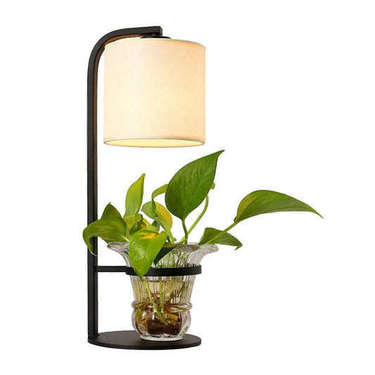 Fabric Black/White Night Light Cylindrical 1 Light Industrial Nightstand Lamp with Clear Glass Plant Container Clearhalo 'Lamps' 'Table Lamps' Lighting' 735842