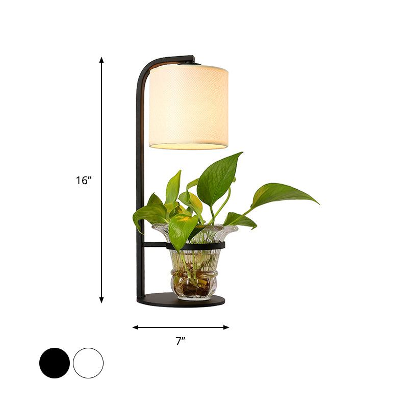 Fabric Black/White Night Light Cylindrical 1 Light Industrial Nightstand Lamp with Clear Glass Plant Container Clearhalo 'Lamps' 'Table Lamps' Lighting' 735843