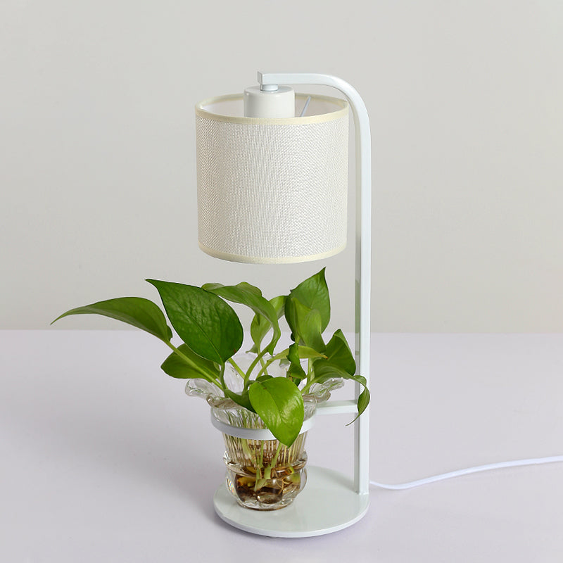 Fabric Black/White Night Light Cylindrical 1 Light Industrial Nightstand Lamp with Clear Glass Plant Container White Clearhalo 'Lamps' 'Table Lamps' Lighting' 735844