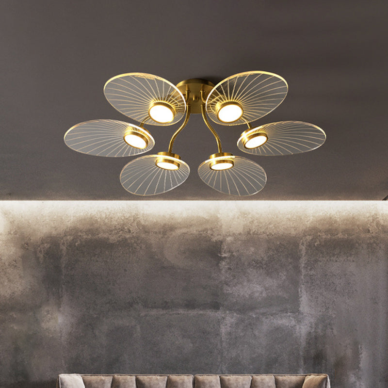 6 Heads Bedroom Semi Flush Light Modern Brass Flush Ceiling Lamp Fixture with Leaf Acrylic Shade Brass Clearhalo 'Ceiling Lights' 'Close To Ceiling Lights' 'Close to ceiling' 'Semi-flushmount' Lighting' 736069