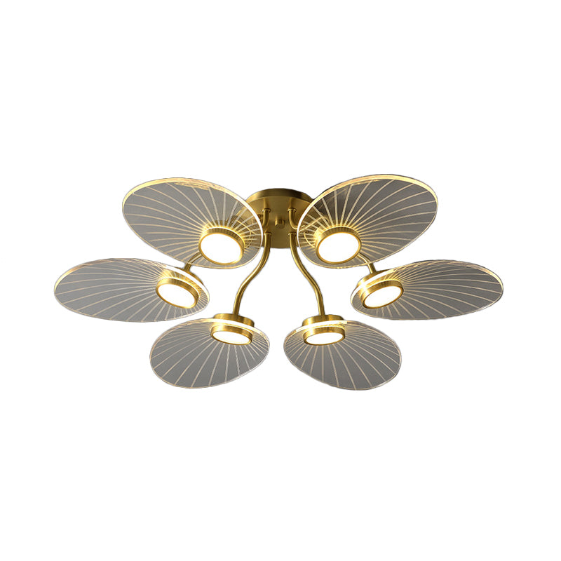 6 Heads Bedroom Semi Flush Light Modern Brass Flush Ceiling Lamp Fixture with Leaf Acrylic Shade Clearhalo 'Ceiling Lights' 'Close To Ceiling Lights' 'Close to ceiling' 'Semi-flushmount' Lighting' 736070