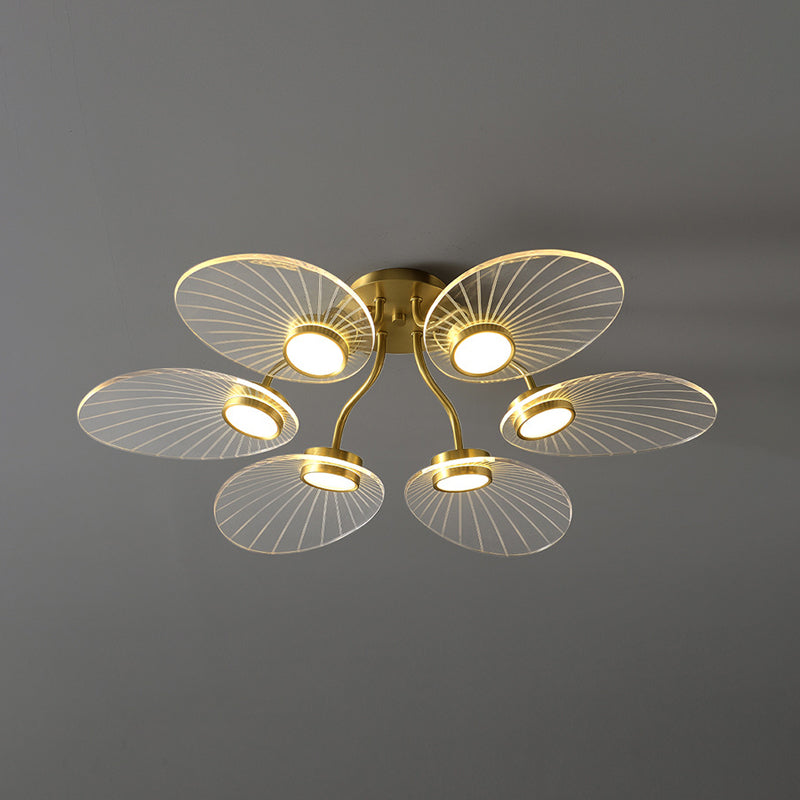 6 Heads Bedroom Semi Flush Light Modern Brass Flush Ceiling Lamp Fixture with Leaf Acrylic Shade Clearhalo 'Ceiling Lights' 'Close To Ceiling Lights' 'Close to ceiling' 'Semi-flushmount' Lighting' 736071