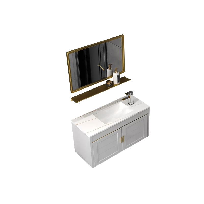 Glam Single Sink Vanity Wall Mount Metal Base Rectangular Bath Vanity Vanity & Faucet & Mirrors 31.5"L x 14"W x 16"H White Clearhalo 'Bathroom Remodel & Bathroom Fixtures' 'Bathroom Vanities' 'bathroom_vanities' 'Home Improvement' 'home_improvement' 'home_improvement_bathroom_vanities' 7360975