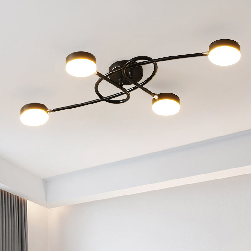 Drum Living Room Semi Flush Lighting Metal 4 Lights Modernist LED Close to Ceiling Lamp in Black with Twisted Arm Clearhalo 'Ceiling Lights' 'Close To Ceiling Lights' 'Close to ceiling' 'Semi-flushmount' Lighting' 736106