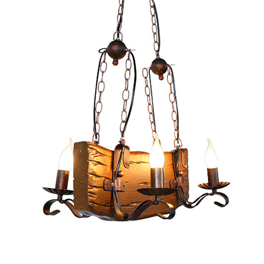 4 Lights Island Lighting Warehouse Candelabra Metal Pendant Lamp in Copper with Rectangle Wood Beam Clearhalo 'Ceiling Lights' 'Island Lights' Lighting' 736148