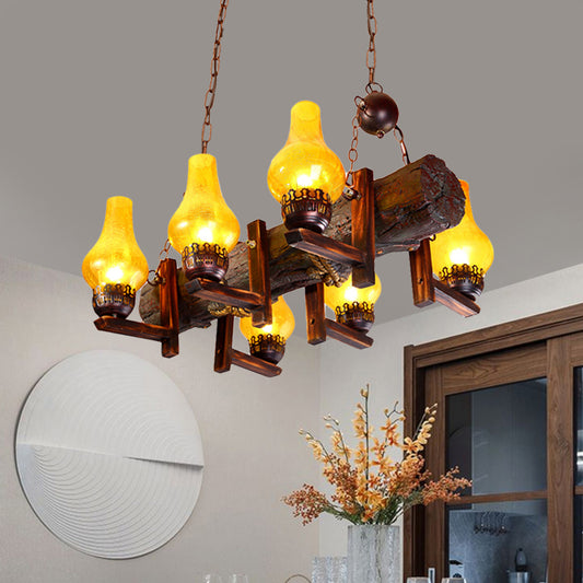 Brown 6 Heads Island Lighting Fixture Coastal Yellow Crackle Glass Vase Shade Pendant Lamp with Resin Linear Beam Yellow Clearhalo 'Ceiling Lights' 'Glass shade' 'Glass' 'Island Lights' Lighting' 736151