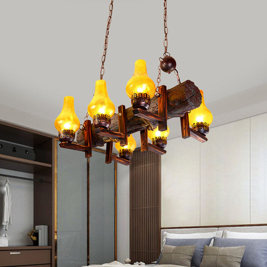Brown 6 Heads Island Lighting Fixture Coastal Yellow Crackle Glass Vase Shade Pendant Lamp with Resin Linear Beam Clearhalo 'Ceiling Lights' 'Glass shade' 'Glass' 'Island Lights' Lighting' 736152