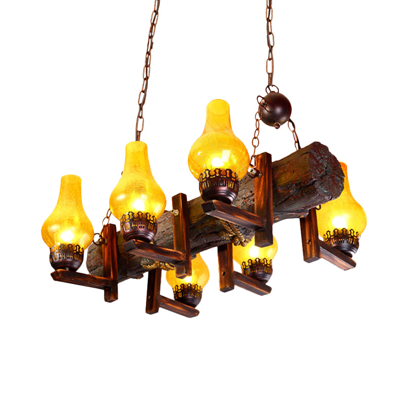 Brown 6 Heads Island Lighting Fixture Coastal Yellow Crackle Glass Vase Shade Pendant Lamp with Resin Linear Beam Clearhalo 'Ceiling Lights' 'Glass shade' 'Glass' 'Island Lights' Lighting' 736153