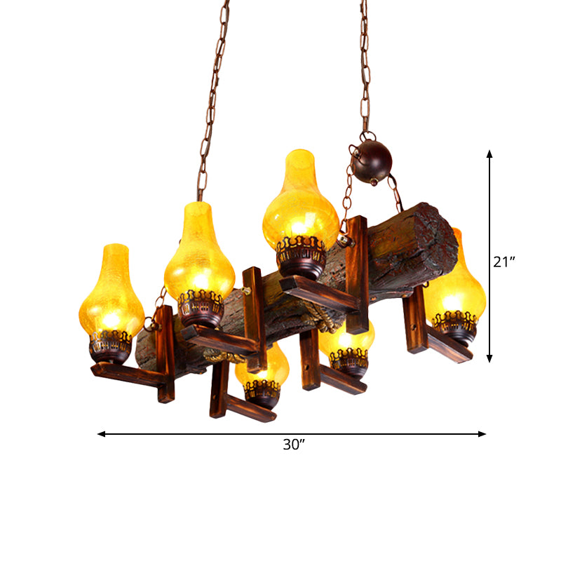 Brown 6 Heads Island Lighting Fixture Coastal Yellow Crackle Glass Vase Shade Pendant Lamp with Resin Linear Beam Clearhalo 'Ceiling Lights' 'Glass shade' 'Glass' 'Island Lights' Lighting' 736154