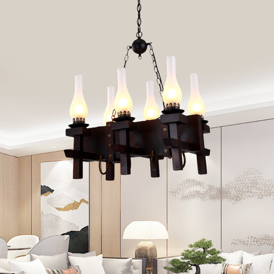 Black Vase Island Pendant Industrial Frosted Glass 6 Heads Living Room Hanging Ceiling Light with Wood Linear Beam Black Clearhalo 'Ceiling Lights' 'Chandeliers' 'Glass shade' 'Glass' 'Island Lights' Lighting' 736159