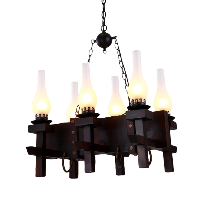 Black Vase Island Pendant Industrial Frosted Glass 6 Heads Living Room Hanging Ceiling Light with Wood Linear Beam Clearhalo 'Ceiling Lights' 'Chandeliers' 'Glass shade' 'Glass' 'Island Lights' Lighting' 736160