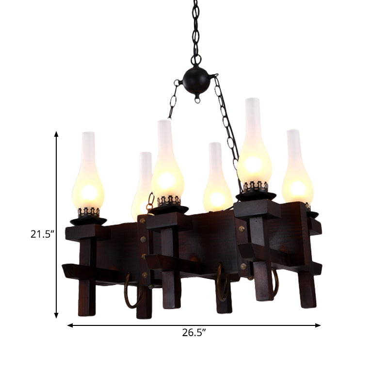 Black Vase Island Pendant Industrial Frosted Glass 6 Heads Living Room Hanging Ceiling Light with Wood Linear Beam Clearhalo 'Ceiling Lights' 'Chandeliers' 'Glass shade' 'Glass' 'Island Lights' Lighting' 736162