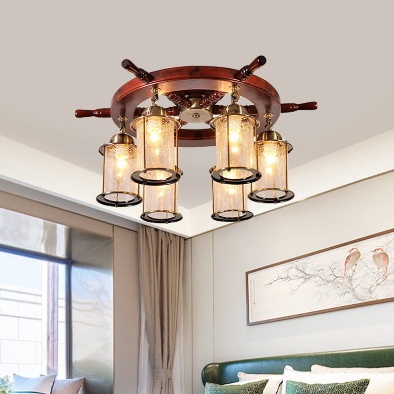 6 Lights Semi Flush Mount Light Farm Cylinder Clear Crackle Glass Ceiling Lamp in Gold with Wood Rudder Design Gold Clearhalo 'Ceiling Lights' 'Close To Ceiling Lights' 'Close to ceiling' 'Semi-flushmount' Lighting' 736163