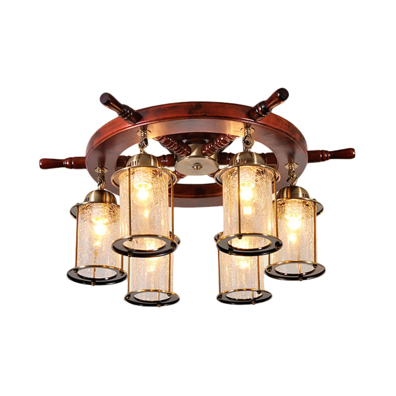 6 Lights Semi Flush Mount Light Farm Cylinder Clear Crackle Glass Ceiling Lamp in Gold with Wood Rudder Design Clearhalo 'Ceiling Lights' 'Close To Ceiling Lights' 'Close to ceiling' 'Semi-flushmount' Lighting' 736164