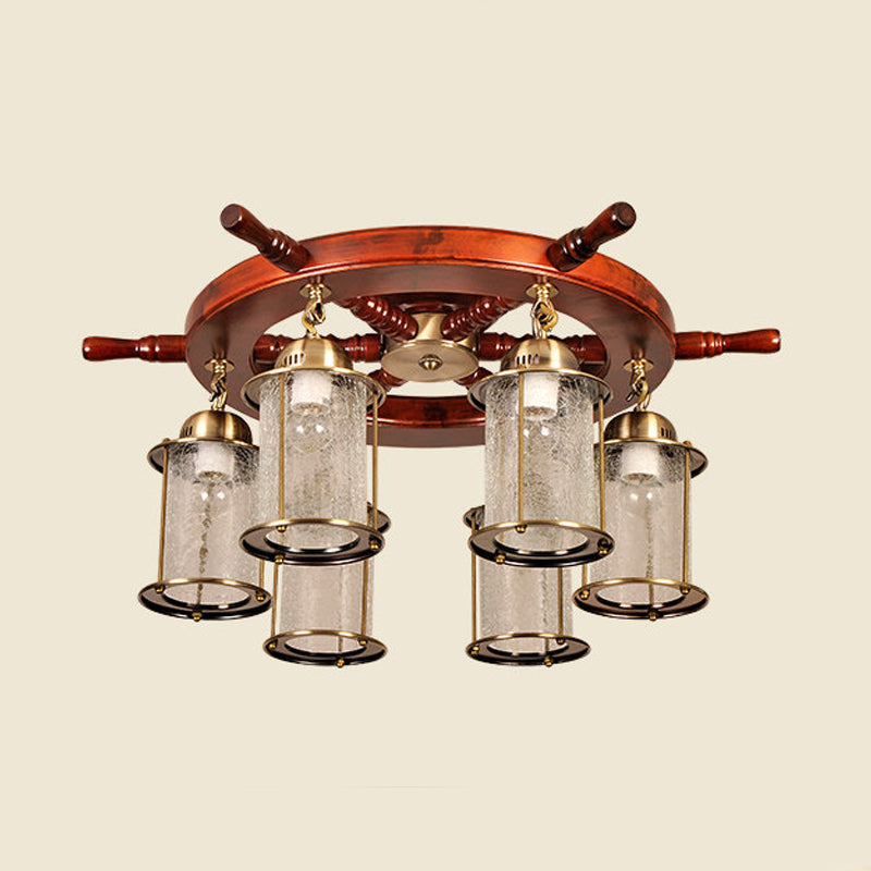 6 Lights Semi Flush Mount Light Farm Cylinder Clear Crackle Glass Ceiling Lamp in Gold with Wood Rudder Design Clearhalo 'Ceiling Lights' 'Close To Ceiling Lights' 'Close to ceiling' 'Semi-flushmount' Lighting' 736165