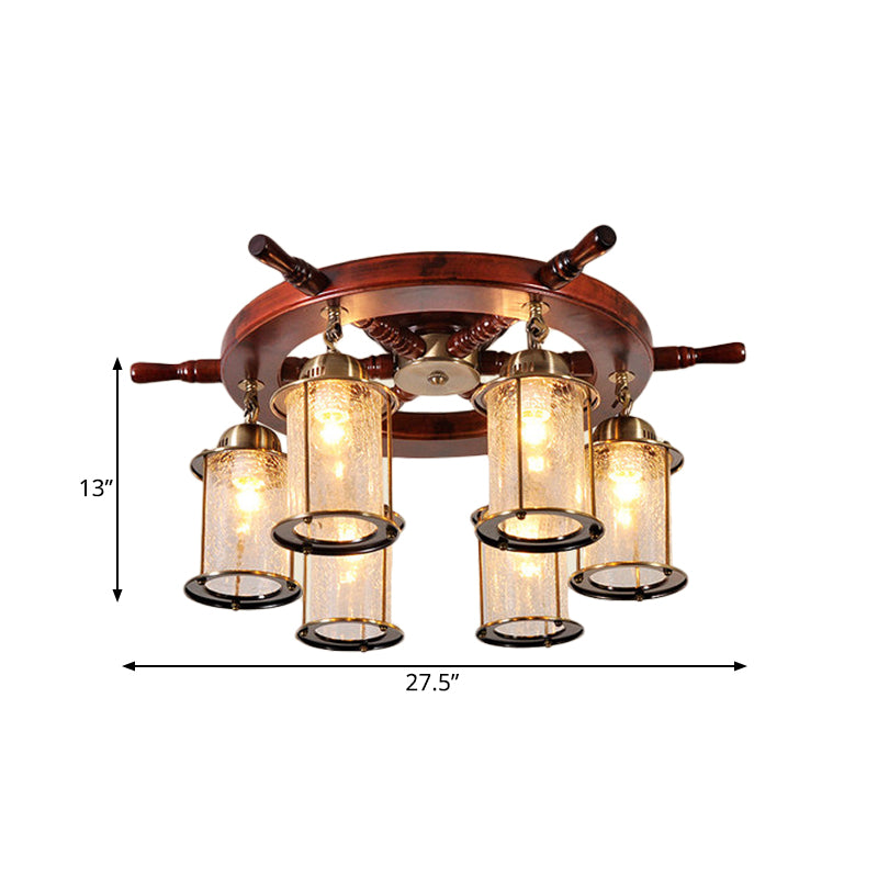 6 Lights Semi Flush Mount Light Farm Cylinder Clear Crackle Glass Ceiling Lamp in Gold with Wood Rudder Design Clearhalo 'Ceiling Lights' 'Close To Ceiling Lights' 'Close to ceiling' 'Semi-flushmount' Lighting' 736166