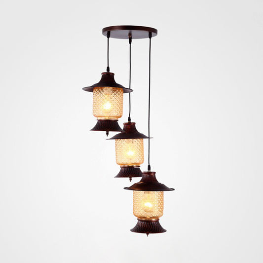 Yellow Grid Glass Copper Hanging Lamp Kerosene 3-Head Industrial Cluster Pendant Light Clearhalo 'Art Deco Pendants' 'Cast Iron' 'Ceiling Lights' 'Ceramic' 'Crystal' 'Industrial Pendants' 'Industrial' 'Metal' 'Middle Century Pendants' 'Pendant Lights' 'Pendants' 'Tiffany' Lighting' 736190