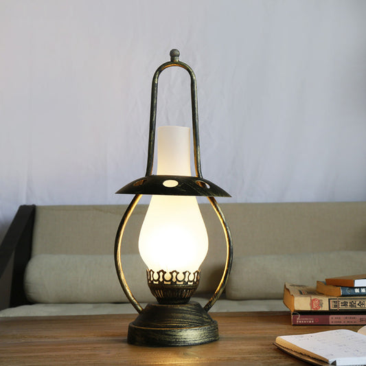 Brass Finish 1 Head Desk Lamp Industrial White Glass Lantern Metallic Table Light with Metal Base Brass Clearhalo 'Lamps' 'Table Lamps' Lighting' 736212