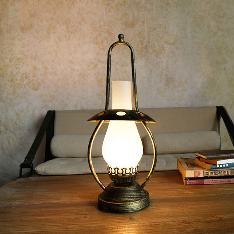 Brass Finish 1 Head Desk Lamp Industrial White Glass Lantern Metallic Table Light with Metal Base Clearhalo 'Lamps' 'Table Lamps' Lighting' 736213