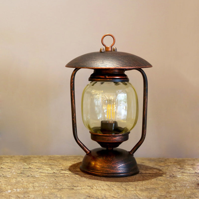 1 Light Kerosene Table Lighting Factory Brass/Copper Finish Tan Glass Desk Lamp for Study Room Copper Clearhalo 'Lamps' 'Table Lamps' Lighting' 736216
