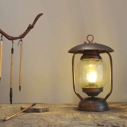 1 Light Kerosene Table Lighting Factory Brass/Copper Finish Tan Glass Desk Lamp for Study Room Clearhalo 'Lamps' 'Table Lamps' Lighting' 736217