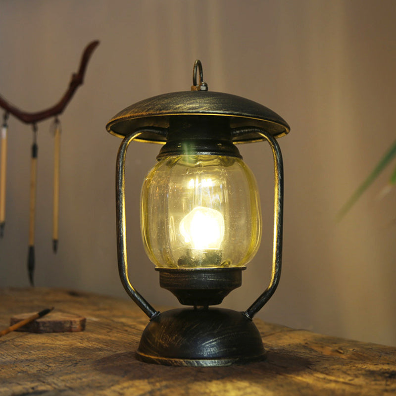 1 Light Kerosene Table Lighting Factory Brass/Copper Finish Tan Glass Desk Lamp for Study Room Clearhalo 'Lamps' 'Table Lamps' Lighting' 736221