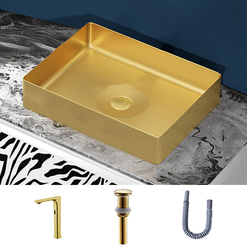 Modern Bathroom Sink with Pop-Up Drain Metal Rectangular Vessel Bathroom Sink Gold 7 Shape Sink with Faucet Clearhalo 'Bathroom Remodel & Bathroom Fixtures' 'Bathroom Sinks & Faucet Components' 'Bathroom Sinks' 'bathroom_sink' 'Home Improvement' 'home_improvement' 'home_improvement_bathroom_sink' 7362356