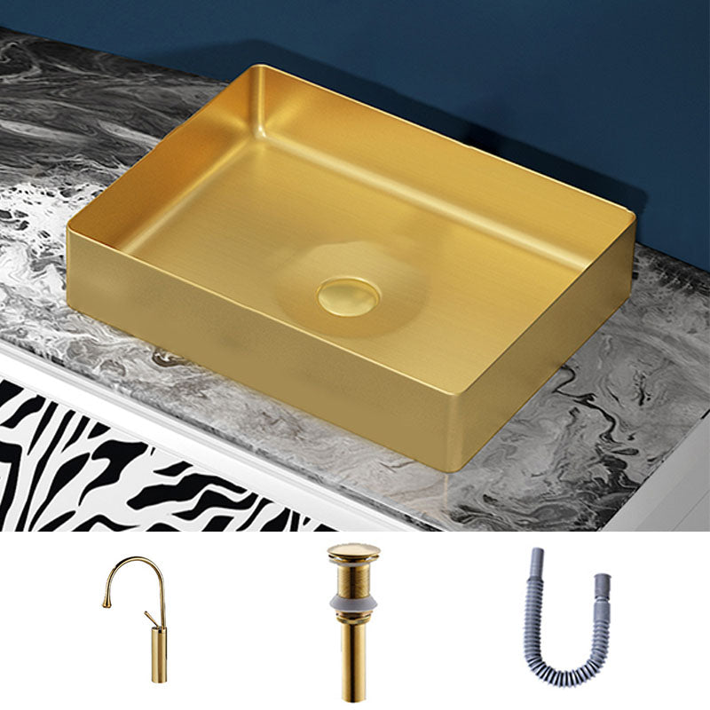 Modern Bathroom Sink with Pop-Up Drain Metal Rectangular Vessel Bathroom Sink Gold Droplet Faucet Sink with Faucet Clearhalo 'Bathroom Remodel & Bathroom Fixtures' 'Bathroom Sinks & Faucet Components' 'Bathroom Sinks' 'bathroom_sink' 'Home Improvement' 'home_improvement' 'home_improvement_bathroom_sink' 7362371