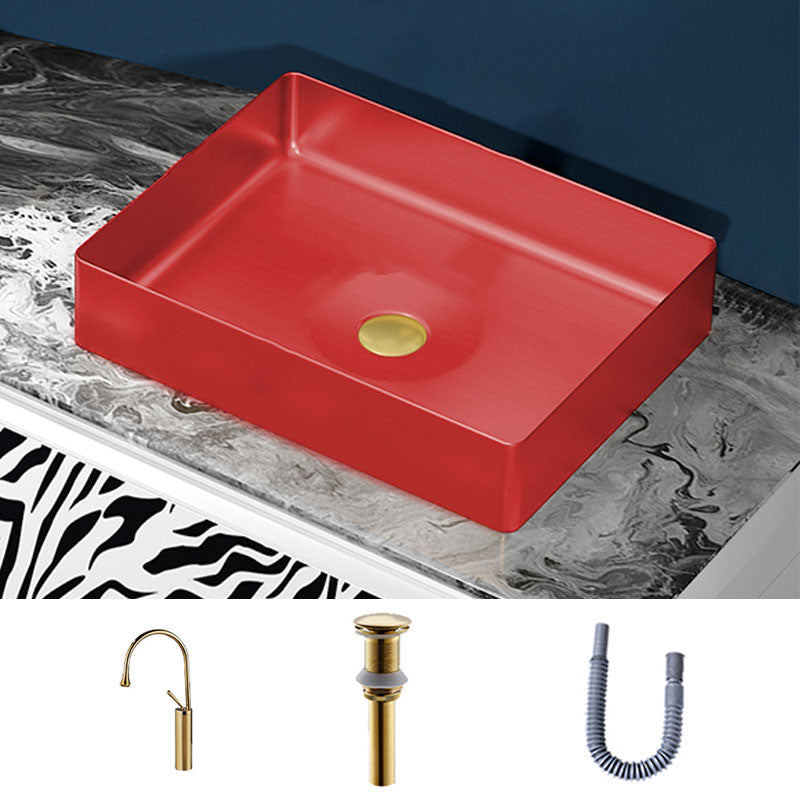 Modern Bathroom Sink with Pop-Up Drain Metal Rectangular Vessel Bathroom Sink Red Droplet Faucet Sink with Faucet Clearhalo 'Bathroom Remodel & Bathroom Fixtures' 'Bathroom Sinks & Faucet Components' 'Bathroom Sinks' 'bathroom_sink' 'Home Improvement' 'home_improvement' 'home_improvement_bathroom_sink' 7362374