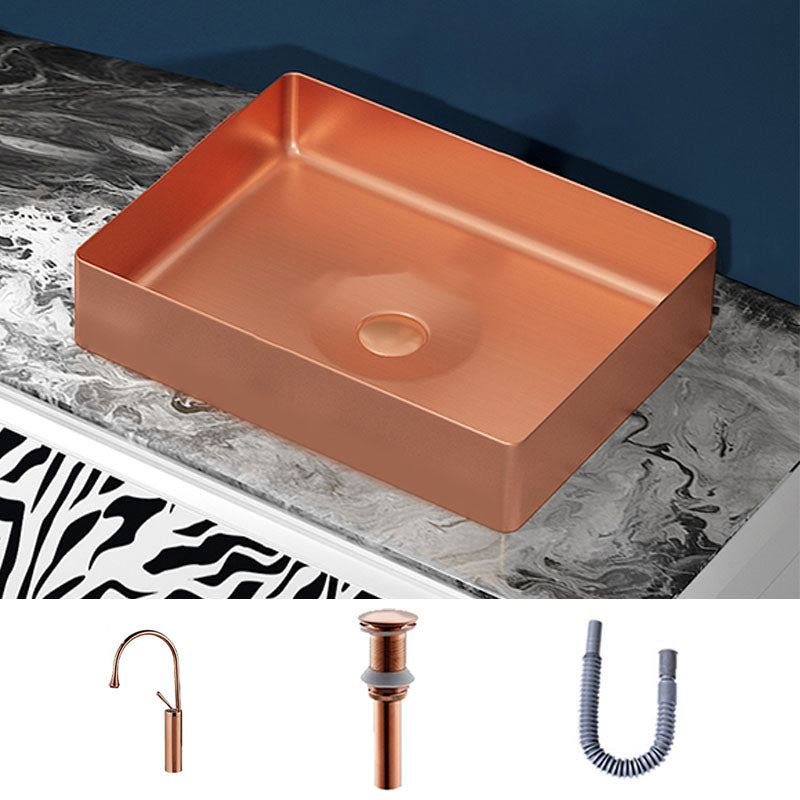 Modern Bathroom Sink with Pop-Up Drain Metal Rectangular Vessel Bathroom Sink Rose Gold Droplet Faucet Sink with Faucet Clearhalo 'Bathroom Remodel & Bathroom Fixtures' 'Bathroom Sinks & Faucet Components' 'Bathroom Sinks' 'bathroom_sink' 'Home Improvement' 'home_improvement' 'home_improvement_bathroom_sink' 7362378