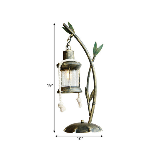 Clear Glass Kerosene Table Lamp Farmhouse Style 1 Light Dining Room Desk Lighting in Brass with Metal Bamboo Deco Clearhalo 'Lamps' 'Table Lamps' Lighting' 736290