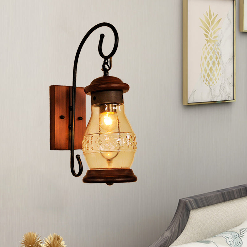 Copper Bottle Wall Sconce Light Industrial Tan Glass 1-Head Bedroom Wall Lamp with Curved Arm Copper Clearhalo 'Art deco wall lights' 'Cast Iron' 'Glass' 'Industrial wall lights' 'Industrial' 'Middle century wall lights' 'Modern' 'Rustic wall lights' 'Tiffany' 'Traditional wall lights' 'Wall Lamps & Sconces' 'Wall Lights' Lighting' 736319