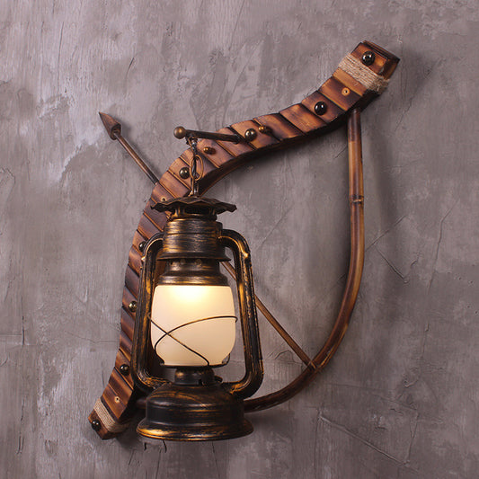 Vintage Lantern Wall Lamp 1 Light Opal Glass Sconce Light Fixture in Bronze with Wood Bow and Arrow Deco Bronze Clearhalo 'Art deco wall lights' 'Cast Iron' 'Glass' 'Industrial wall lights' 'Industrial' 'Middle century wall lights' 'Modern' 'Rustic wall lights' 'Tiffany' 'Traditional wall lights' 'Wall Lamps & Sconces' 'Wall Lights' Lighting' 736351