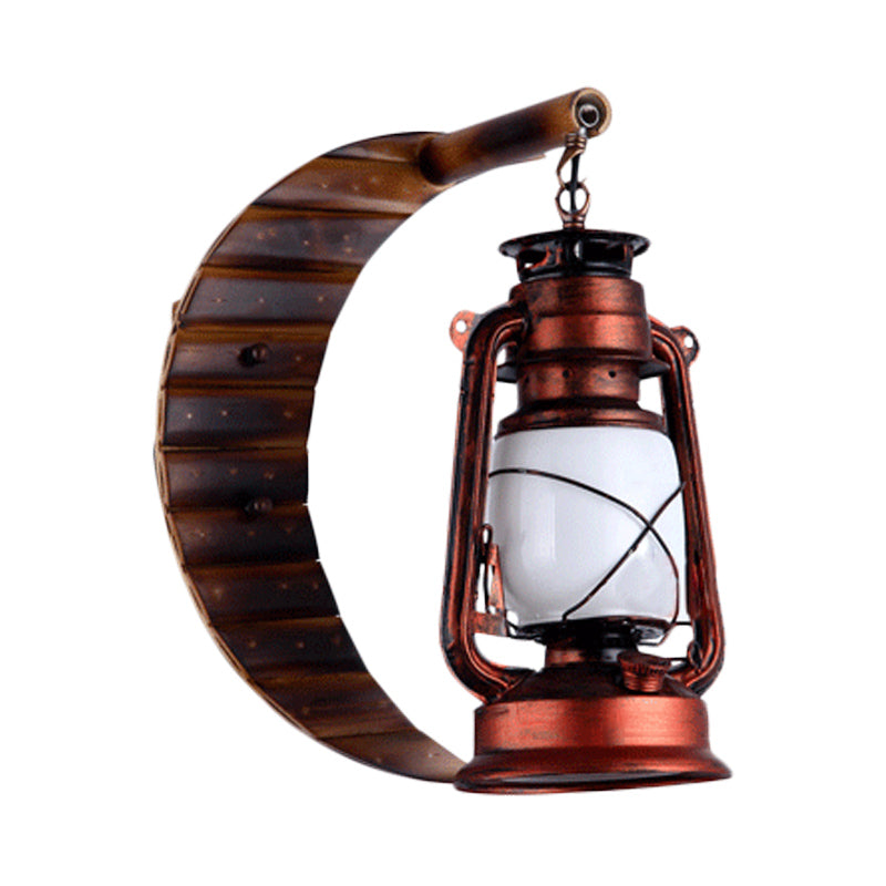 White Glass Copper Sconce Lamp Lantern 1 Light Coastal Style Wall Mounted Light with Bamboo Crescent Deco Clearhalo 'Art deco wall lights' 'Cast Iron' 'Glass' 'Industrial wall lights' 'Industrial' 'Middle century wall lights' 'Modern' 'Rustic wall lights' 'Tiffany' 'Traditional wall lights' 'Wall Lamps & Sconces' 'Wall Lights' Lighting' 736357