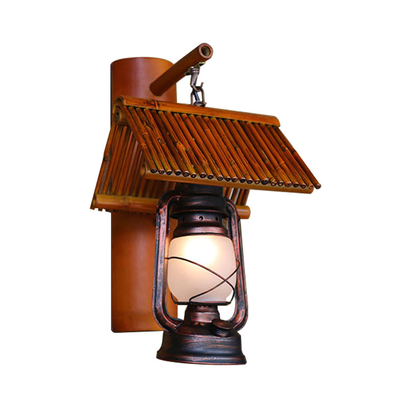 Copper 1 Light Wall Light Fixture Warehouse Frosted Glass Kerosene Sconce Lamp with Bamboo Roof Deco Clearhalo 'Art deco wall lights' 'Cast Iron' 'Glass' 'Industrial wall lights' 'Industrial' 'Middle century wall lights' 'Modern' 'Rustic wall lights' 'Tiffany' 'Traditional wall lights' 'Wall Lamps & Sconces' 'Wall Lights' Lighting' 736365