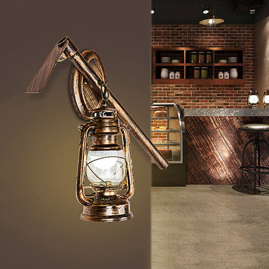 Lantern Clear Glass Wall Hanging Light Vintage 1 Bulb Living Room Sconce Lighting Fixture in Bronze with Metal Hoe Deco Bronze Clearhalo 'Art deco wall lights' 'Cast Iron' 'Glass' 'Industrial wall lights' 'Industrial' 'Middle century wall lights' 'Modern' 'Rustic wall lights' 'Tiffany' 'Traditional wall lights' 'Wall Lamps & Sconces' 'Wall Lights' Lighting' 736379