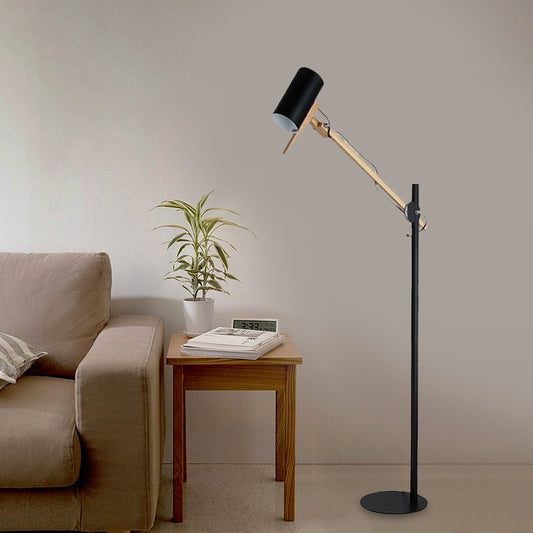 White/Black and Wood Tube Floor Lamp Modernist Iron 1 Light Swing Arm Standing Floor Light Clearhalo 'Floor Lamps' 'Lamps' Lighting' 736396