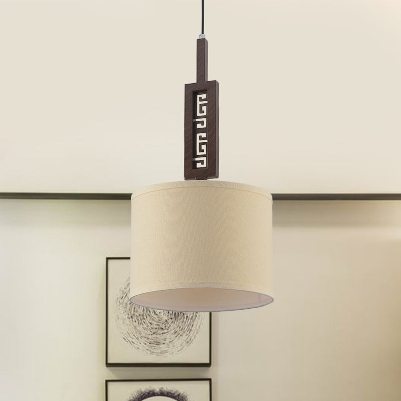 Brown Carved Down Lighting Modernist 1 Bulb Wood Hanging Lamp Kit with Drum Fabric Shade Brown Clearhalo 'Ceiling Lights' 'Modern Pendants' 'Modern' 'Pendant Lights' 'Pendants' Lighting' 736443