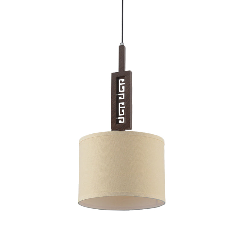 Brown Carved Down Lighting Modernist 1 Bulb Wood Hanging Lamp Kit with Drum Fabric Shade Clearhalo 'Ceiling Lights' 'Modern Pendants' 'Modern' 'Pendant Lights' 'Pendants' Lighting' 736444