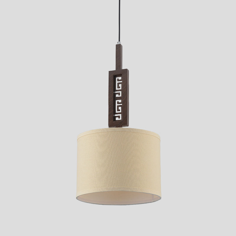 Brown Carved Down Lighting Modernist 1 Bulb Wood Hanging Lamp Kit with Drum Fabric Shade Clearhalo 'Ceiling Lights' 'Modern Pendants' 'Modern' 'Pendant Lights' 'Pendants' Lighting' 736445