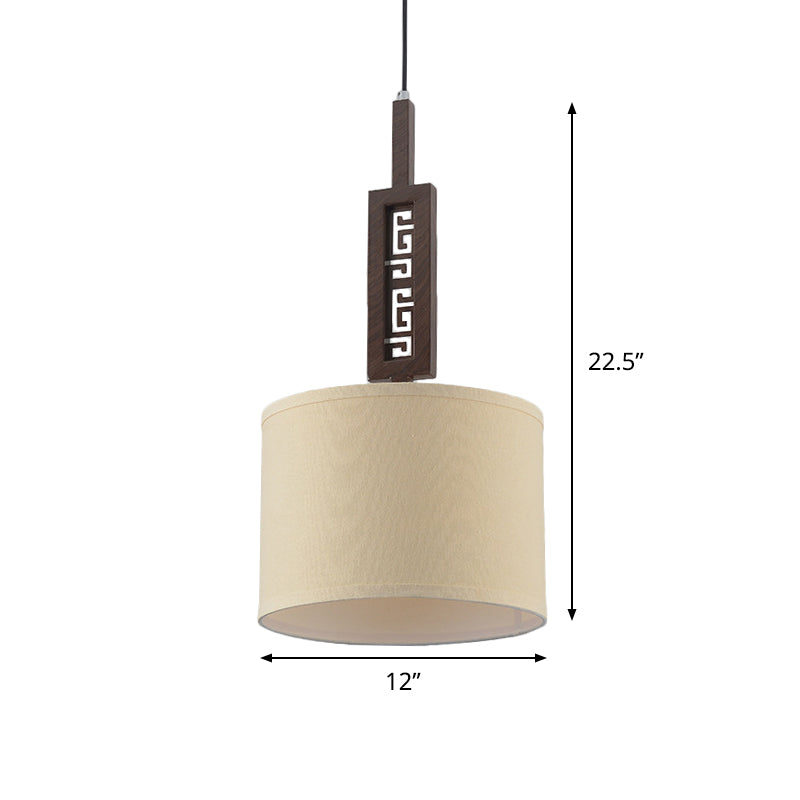 Brown Carved Down Lighting Modernist 1 Bulb Wood Hanging Lamp Kit with Drum Fabric Shade Clearhalo 'Ceiling Lights' 'Modern Pendants' 'Modern' 'Pendant Lights' 'Pendants' Lighting' 736446