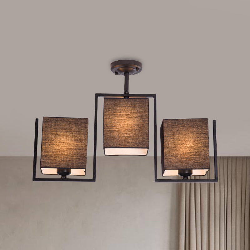 White/Black Cuboid Semi Flush Light Fixture Modernist 3 Bulbs Fabric Ceiling Mounted Lamp Black Clearhalo 'Ceiling Lights' 'Close To Ceiling Lights' 'Close to ceiling' 'Semi-flushmount' Lighting' 736476