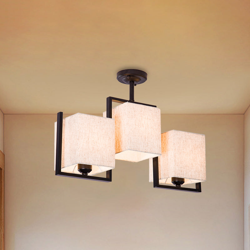 White/Black Cuboid Semi Flush Light Fixture Modernist 3 Bulbs Fabric Ceiling Mounted Lamp Clearhalo 'Ceiling Lights' 'Close To Ceiling Lights' 'Close to ceiling' 'Semi-flushmount' Lighting' 736481