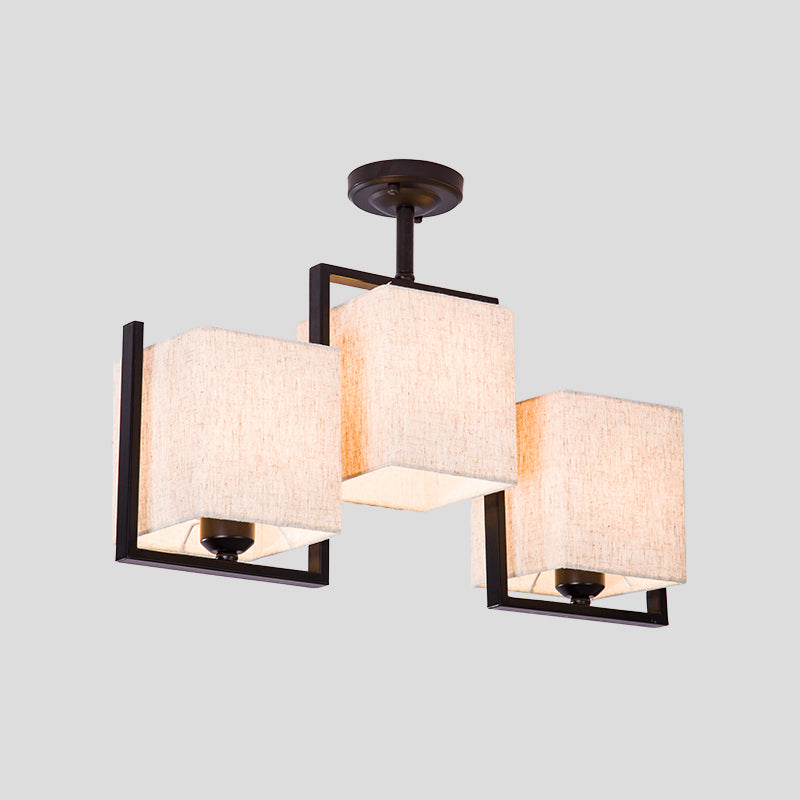 White/Black Cuboid Semi Flush Light Fixture Modernist 3 Bulbs Fabric Ceiling Mounted Lamp Clearhalo 'Ceiling Lights' 'Close To Ceiling Lights' 'Close to ceiling' 'Semi-flushmount' Lighting' 736483