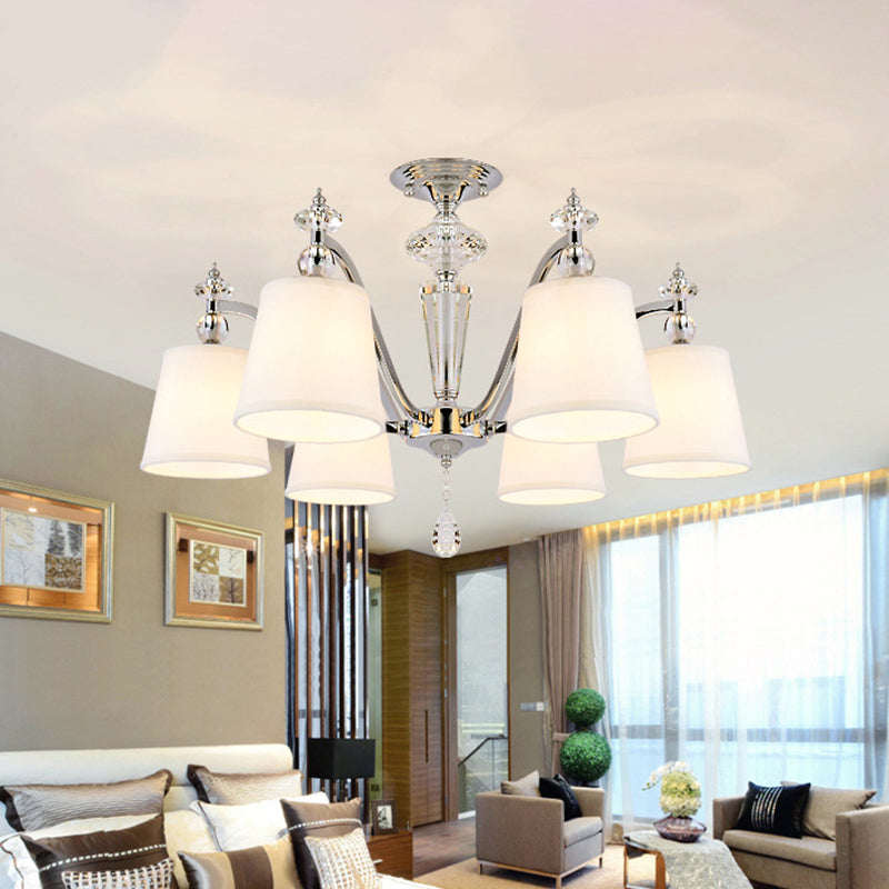 Modern Barrel Semi Flushmount Fabric 3/6 Lights Living Room Crystal Close to Ceiling Lamp in Chrome 6 Chrome Clearhalo 'Ceiling Lights' 'Close To Ceiling Lights' 'Close to ceiling' 'Semi-flushmount' Lighting' 736488